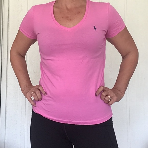 POLO RALPH LAUREN PINK VEE NECK POLO PONY T SHIRT MEDIUM - Picture 5 of 11